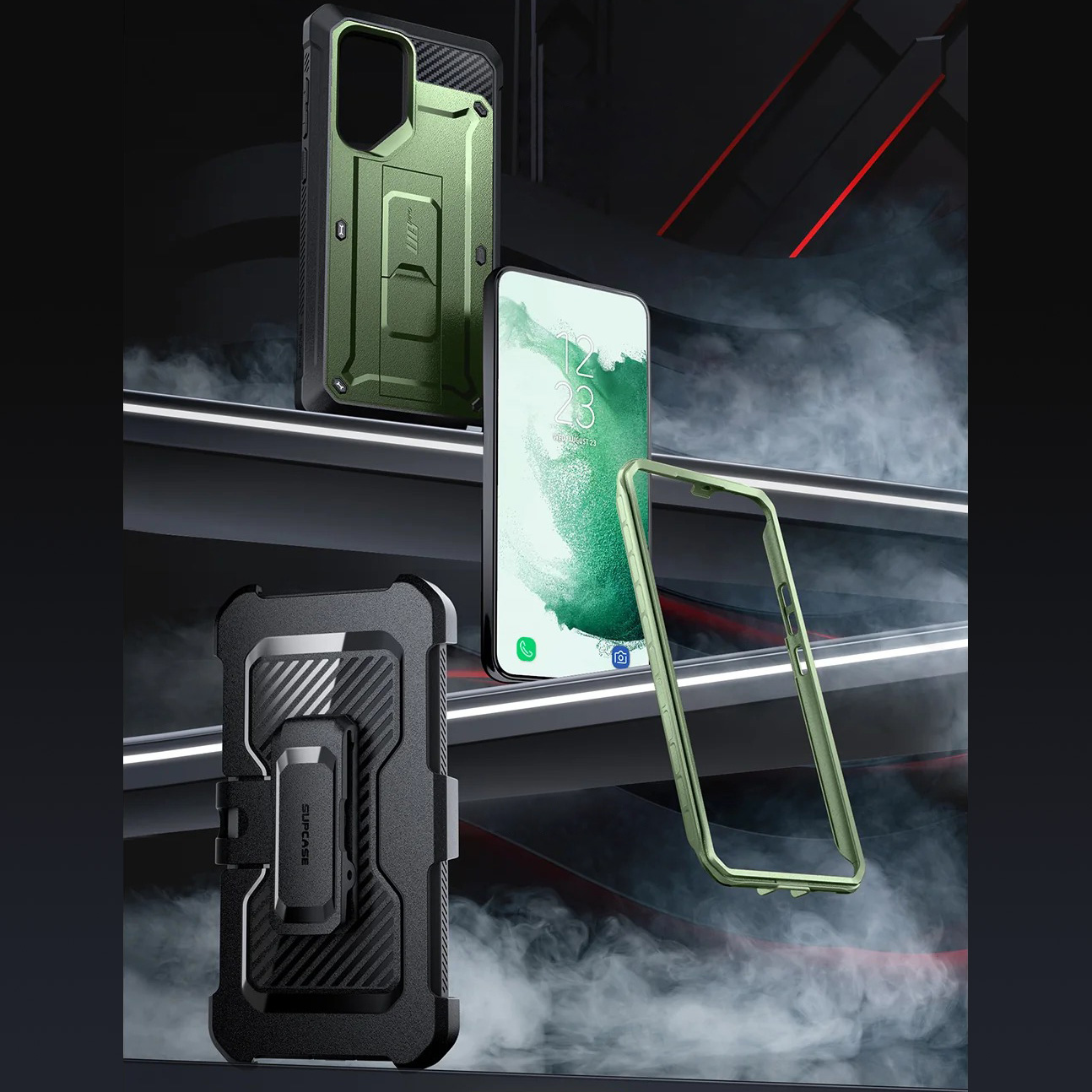 Etui pancerne z osłoną na ekran, z wbudowaną podstawką i kaburą z klipsem obrotowym Supcase Unicorn Beetle Pro do Galaxy S23 Ultra